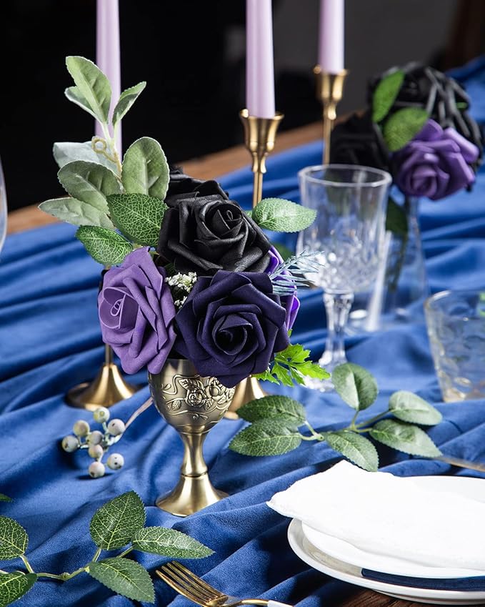 DuHouse 25Pcs Artificial Roses Flowers Fake Roses with Stems Real Touch Foam Flowers for DIY Wedding Bouquet Baby Shower Centerpiece Halloween Floral Arrangement Party Home Decor(Black)