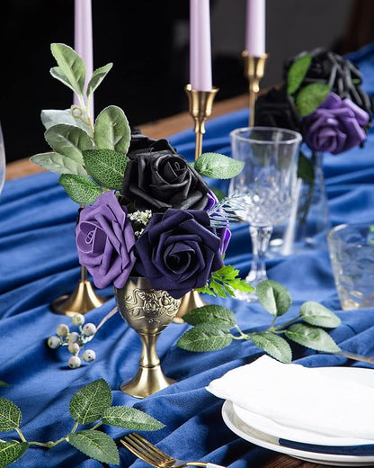 DuHouse 25Pcs Artificial Roses Flowers Fake Roses with Stems Real Touch Foam Flowers for DIY Wedding Bouquet Baby Shower Centerpiece Floral Arrangement Party Home Decor (Dark Purple)