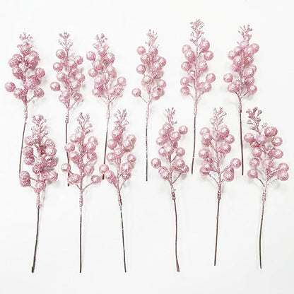 24 Pack Christmas Glitter Berries Stems Clearance, 8.66 Inch Artificial Berries Christmas Picks for Christma Tree Ornaments, DIY Xmas Wreath, Crafts, Holiday and Home Decor, Pink