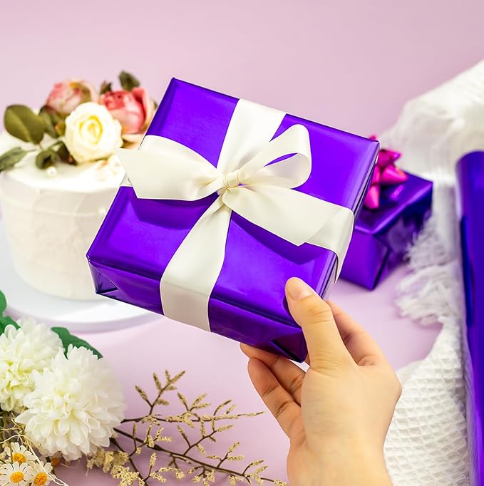 Merture Purple Wrapping Paper Roll - 17 In X 32.8 Ft(46.5 sq.ft.) Metallic Solid Color Purple Gift Wrap with Cutting Lines for Birthday, Valentines Day, Halloween, Mothers Day, Baby Shower, Graduation