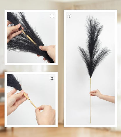 9 Pcs 45" Tall Pampas Grass Black Decor, Long Stem Artificial Flower Floor Vase Large Faux Floral Pompas Fake Plants Dried Bouquet Arrangement Vase Filler for Boho Home Wedding Decoration