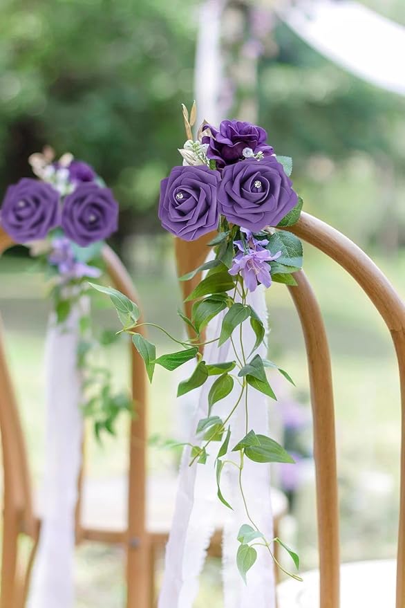 INSUNSX Purple Roses Artificial Flowers with Crystal 50PCS Purple Artificial Roses with Stems Realistic Flowers for Bridal Shower Centerpieces Wedding Bouquet Table Decorations