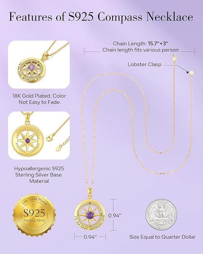 S925 Necklace Gift for Wife |Compass Jewelry |Women Anniversary |Sterling Silver |Girlfriend Birthday Gifts for Her Valentines |I'd be Lost without You |Jewel 18K Gold