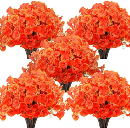 Artificial Fall Flowers Fake Plants for Outdoor Autumn Decoration, 12 Bundles Silk Orange Morning Glory UV Sun Resistant Realistic Faux Flowers for Window Box Porch Patio Yard Balcony (Fall Plants)