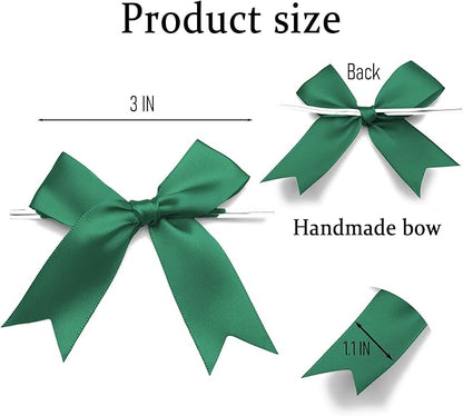 50 Counts Green Hunter Twist Tie Bows 3.1" Pre-Tied Satin Ribbon Bow Decor Mini Twist Tie Bows for Gift Wrapping Treat Bags Cake Bridal Baby Shower Birthday Party Favors Wedding Decorations