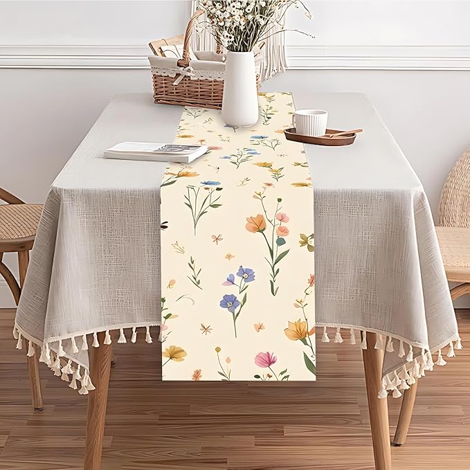 Floral Table Runner in Soft Pastel Colors – 13x72 Inch Elegant Linen-Look Fabric for Dining Table, Wedding, Spring Decor, Baby Showers, Parties & Everyday Home Decoration