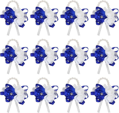 MECCANIXITY 12Pcs Wrist Corsage Artificial Flower Bracelets Rose Wrist Bride Groom Decorative for Wedding Ceremony Prom Party Anniversary Dark Blue