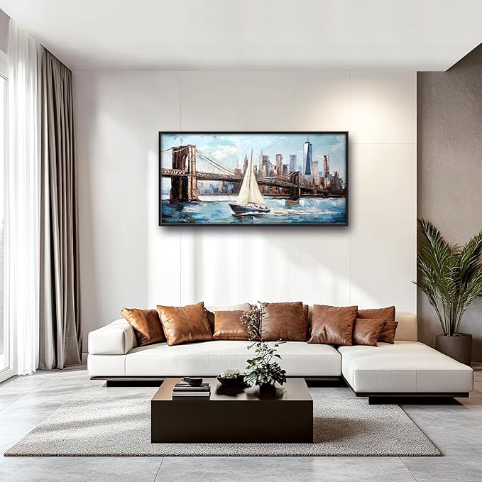 Extra Large Sailboat Framed Wall Art for Living Room,Oversized New York Brooklyn Bridge Pictures Wall Decor,Cityscape Canvas Print Painting Modern Artwork Bedroom Office Bathroom 60L x 30W