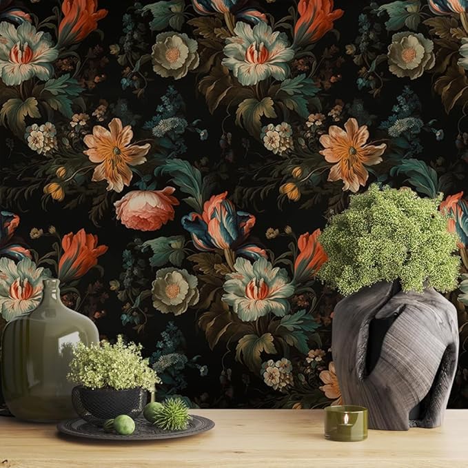 Vintage Gold Yellow Floral Peony Pink Orange White Flower Peel and Stick Wallpaper Easy Peel Off Contact Paper Stick on Adhesive Wall Paper for Bathroom Waterproof Renter Friendly