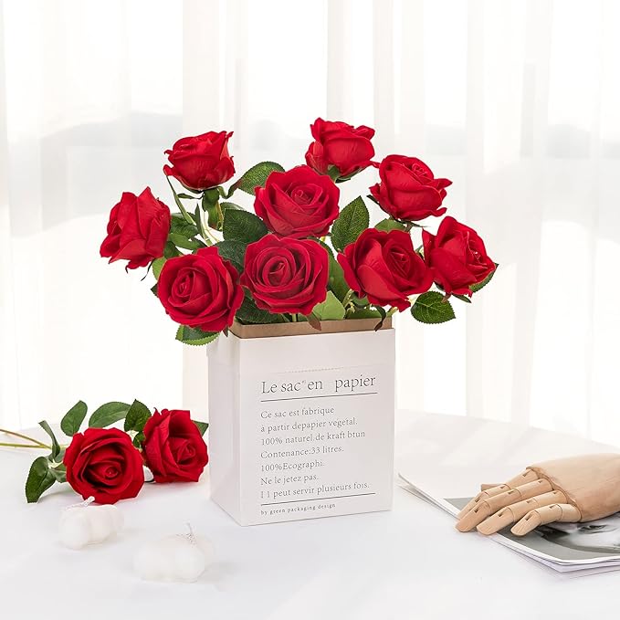 Hawesome 12PCS Artificial Roses Silk Flowers Fake Roses Bouquet Long Stem for Home Wedding Decoration Party (Red)