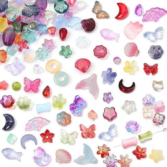 150-200Pcs Assorted Glass Beads for Jewelry Making Colorful Beads of Various Flower Butterfly Geometric Animal Bow Charms Crystal Loose Bead for Bracelet Necklace Earrings Pendant Crafts DIY