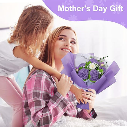 Crochet Flowers Bouquet, Handmade Knitted Rose Bouquet with Gift Bag for Home Deocor, Crocheted Finished Flower for Wedding, Mother's Day, Teachers' Day and Valentine's Day, Purple