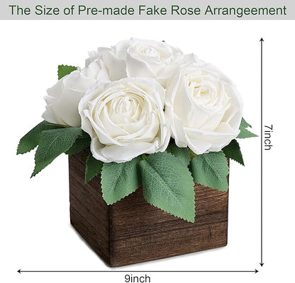 Dining Table Centerpiece Set of 3 - Pre-Made Aritifial Rose with Wooden Vase Fake Floral Arrangment Faux Flower for Wedding Bridal Tea Party Event Decorations - White