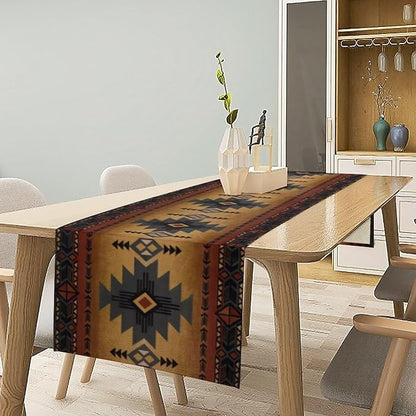 Aztec Table Runner, Southwestern Ethnic Geometric Triditional Table Runner Table Setting Decor for Kitchen Garden Farmhouse Party Holiday Dinner Home, 13x90 Inch
