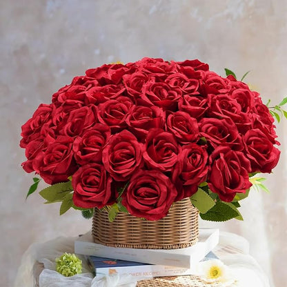 Red Roses Artificial Flowers Bulk, 52Pcs Fake Roses Flower Arrangement, DIY Silk Flowers Roses Bouquet, Realistic Faux Artificial Roses for Mother's Day Home Table Decor