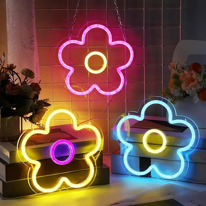 Baquler 3 Pcs Flower Neon Sign Light up Flower Sign Retro Neon LED Lights USB Powered for Wall Decor Window Bedroom Home Girls Birthday Christmas Party Decoration, 9 x 9 Inches(Classic)