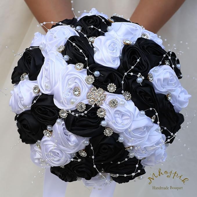Bridal Wedding Bouquet Round Bling Brooch Bouquet Throw Toss Artificial Rose Flower Bunch for Bride Bridesmaid Wedding Quinceanera(White & Black, 7.5")
