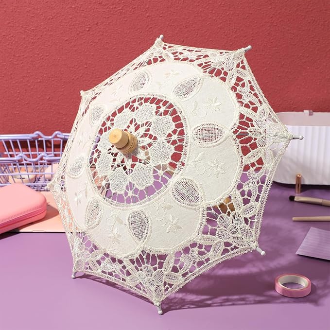 Bride Lace Parasol Umbrella 9.8 Inch Embroidered Cotton Wedding Photography Prop and Decorative Accessory for Bridal Ceremonies