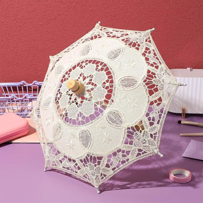 Bride Lace Parasol Umbrella 9.8 Inch Embroidered Cotton Wedding Photography Prop and Decorative Accessory for Bridal Ceremonies