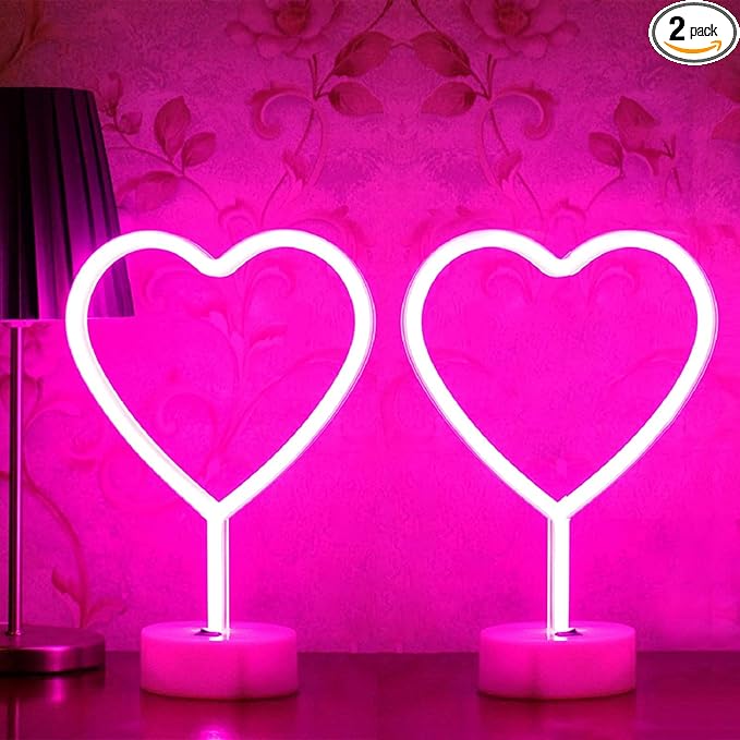 BHCLIGHT Pink Heart Neon Sign, 2 Pack Mother's Day LED Neon Light Battery Operated or USB Powered Valentines Lights, Table Decorations Lights for Room Dorm Wedding Anniversary Bedroom Classroom Decor