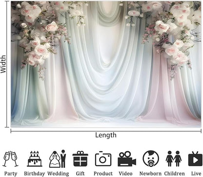 Leowefowa Floral Backdrop for Wedding Decor Pink Rose Flower White Curtain Wall Photography Background for Baby Shower Wedding Anniversary Ceremony Party Decorations Banner Studio Props 10x6.5ft Vinyl