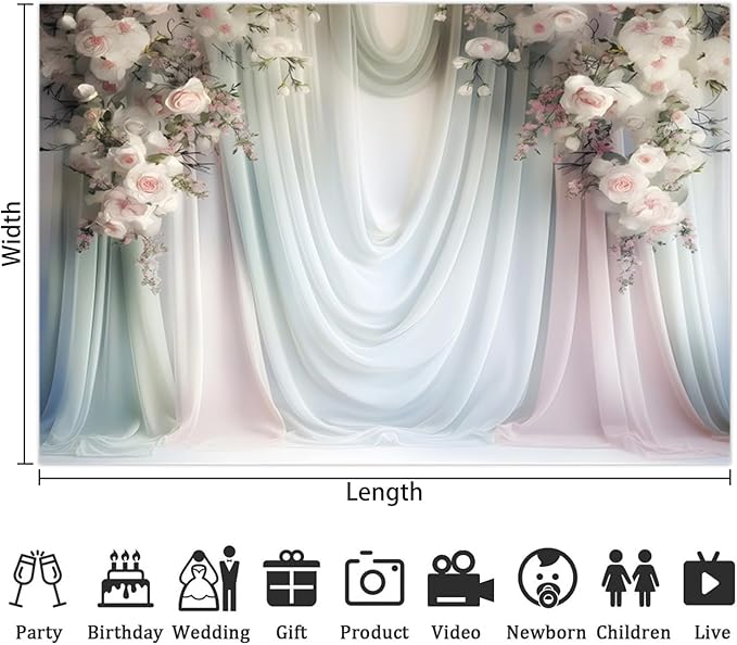 Leowefowa Floral Backdrop for Wedding Decor Pink Rose Flower White Curtain Wall Photography Background for Baby Shower Wedding Anniversary Ceremony Party Decorations Banner Studio Props 7x5ft Vinyl