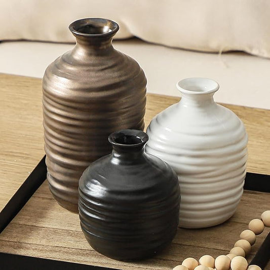 Ceramic Vase Set of 3 Decorative Vase for Home Decor Modern Farmhouse Decor Pottery Neutral Vases for Living Room Bathroom Table Mantel Fireplace Entryway Shelf (02-Metallic)