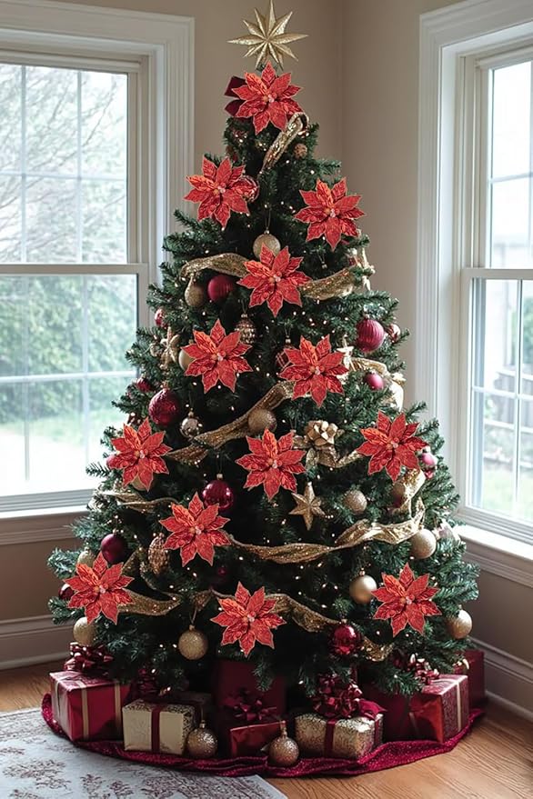 Hollyone 3PCS Poinsettia Christmas Flowers Artificial 11" Large Red Glitter Poinsettia Flowers Christmas Tree Ornaments Floral Picks for Tree Wreath Garland Vase Table Centerpiece Home Decor