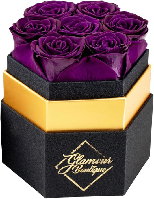 GLAMOUR BOUTIQUE Eternal Preserved Roses in a Box - Flowers Forever, Rose Forever in a Box for Wife, Birthday Gifts for Her, 7 Roses, Purple