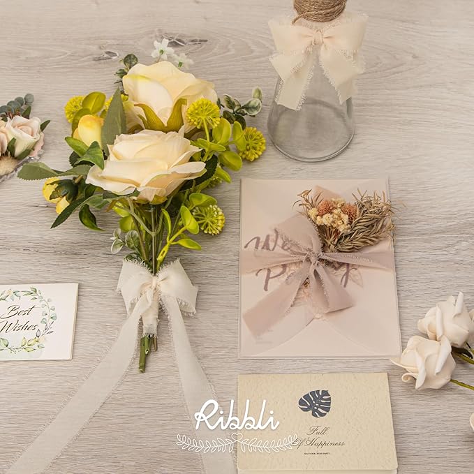 Ribbli Nude Ribbon 1 Inch x 3 Rolls Total 24 Yards Cream/Nude/Beige Handmade Fringe Chiffon Silk Ribbon for Wrapping Wedding Invitations Bridal Bouquets DIY Crafts Home Decor