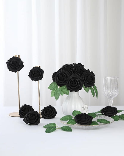 DuHouse 50Pcs Artificial Roses Flowers Fake Roses with Stems Real Touch Foam Flowers for DIY Wedding Bouquet Baby Shower Centerpiece Floral Arrangement Party Home Decor(Black)