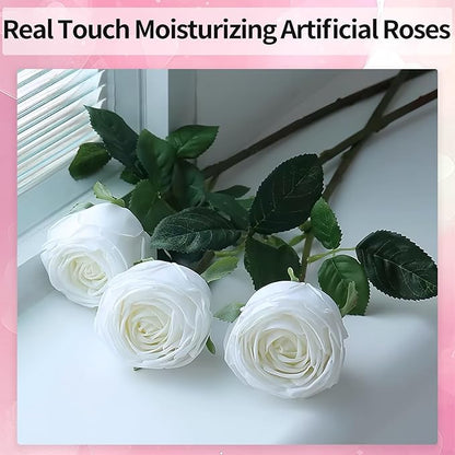 5Pcs White Real Touch Artificial Austin Rose Peony Silk Flowers with Stems - Lifelike Latex Fake Roses for Home Decor, Weddings, and DIY Floral Arrangements