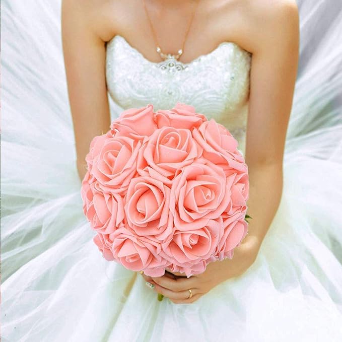 Artificial Flowers Roses 50pcs Pink Roses Wedding Decoration Real Looking Fake Roses w/Stem for DIY Wedding Bouquets Centerpieces Arrangements Party Baby Showers Home Decorations (Peach Pink, 50 pcs)
