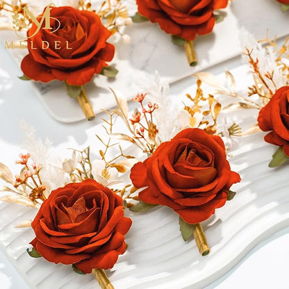 Meldel Burnt Orange Velvet Rose Boutonniere for Men,Set of 6,Groom and Best Man Boutonnieres with Artificial Flower,for Wedding Ceremony Anniversary, Dinner Party, Fall Vintage Rustic Marriage Prom