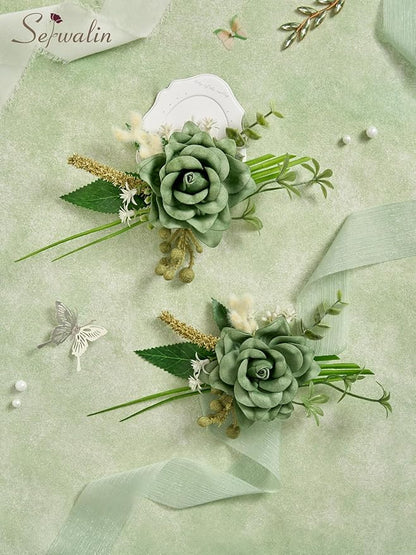 Serwalin Set of 2 Boutonniere for Men, 6-7inch Corsage Groom Groomsman Best Man Boutonnieres for Wedding Prom Ceremony Anniversary Party Cake Topper, Green