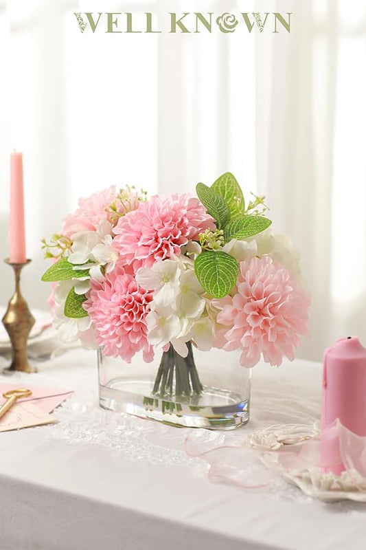 WELL KNOWN Artificial Hydrangea Dahlia Flowers in Vase, Faux Silk Flowers Arrangement with Big Glass Vase for Home Wedding Party Dining Table Centerpiece Home Office Decor & Women Mom's Gift (Pink)