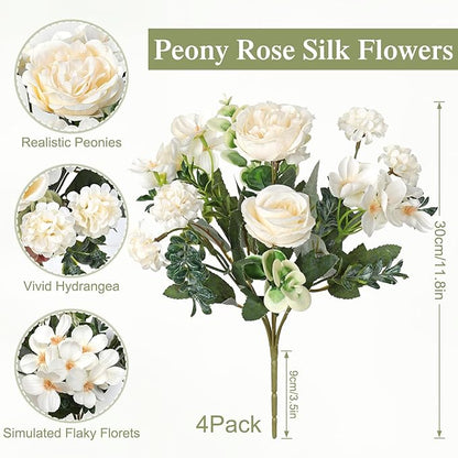 4 Bundles White Peonies Artificial Flowers Silk Flower Centerpieces for Tables Fake Flower Arrangements Bouquets Mixed Roses Hydrangea with Stems for Wedding Bridal Bouquets Home Table Decor