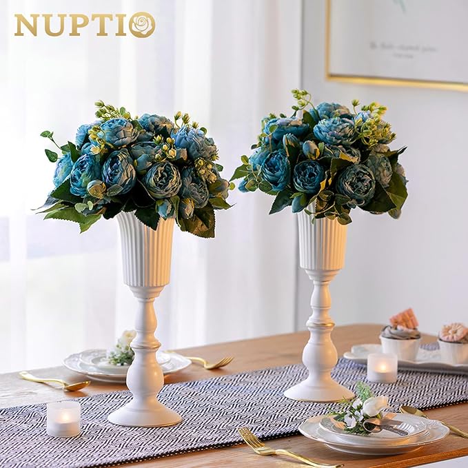 Nuptio 2 Pcs Metal Flower Vase White Table Decorative Centerpiece, Elegant Wedding Centerpieces Vase for Party Anniversary Ceremony Decoration, 31.9cm Tall Artificial Flower Arrangements