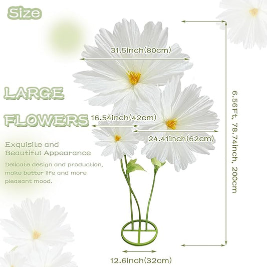 3Pcs Giant Daisies Fake Flower Decorations, 6.1 Ft Large Artificial Flowers Backdrop Decoration Waterproof 3D Big Realistic Faux Flower Set for Home Wedding Garden Christmas Party Decor(White)