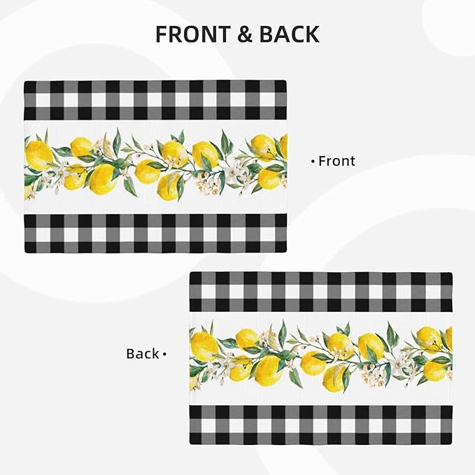 Lemon Linen Placemats Set of 6 Black White Buffalo Plaid Placemats for Indoor Outdoor Party Home Desktop Kitchen Dining Room Decor 12x18 Inch