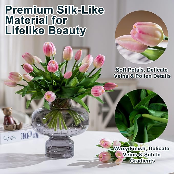 20PCS Fake Tulips Artificial Tulip Silk Flowers Fake PU Bouquet Artificial Flowers Faux Flowers with Gift Box Soft Faux Tulips Bouquets Arrangements for Party Wedding Home