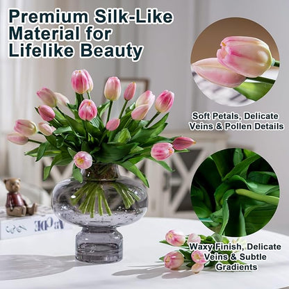 20PCS Fake Tulips Artificial Tulip Silk Flowers Fake PU Bouquet Artificial Flowers Faux Flowers with Gift Box Soft Faux Tulips Bouquets Arrangements for Party Wedding Home
