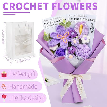 Crochet Flowers Bouquet, Handmade Knitting Crochet Flowers, Tulips Flower and Calla Lily Bouquet for Birthday, Teacher’s Day, Graduation, Valentines (Purple)