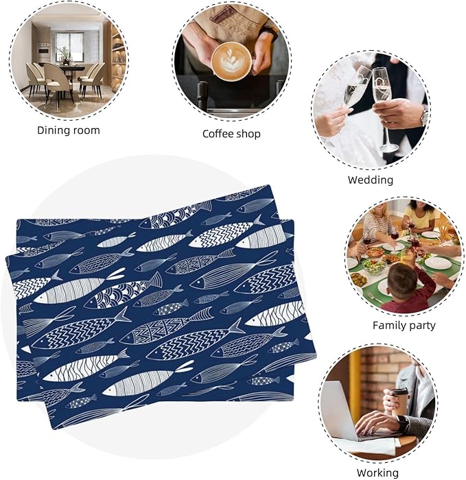 Japanese Fish Placemats Set of 4, Blue Fishing Country Double-Sided Table Mats for Kitchen Dining Room Home Party Indoor Decor 4 PCS 12x18 Inch
