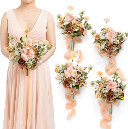 Ling's moment Artificial Flowers Apricot and Peach Bridesmaid Bouquet Set of 4, Peach Wedding Flowers Bouquets for Bridesmaids, 7 Inch Bridal Bouquets for Bridesmaids, Wedding, etc