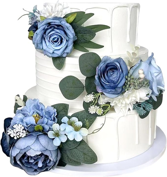 Pre-Made Dusty Blue Silk Flowers for Cakes Decorations Navy Royal Blue Artificial Rose Peony Wedding Cake Toppers Decorating Fake Floral Anniversary Birthday Party Arrangements Table