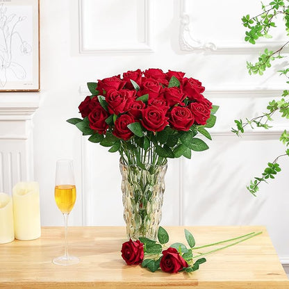 80 Pcs Roses Artificial Flowers, Silk Crimson Burgundy Artificial Flowers Petals Long Stem Roses for Wedding Bouquet Home Party Decor