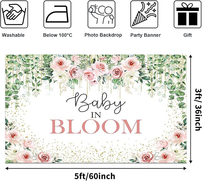 Avezano Baby in Bloom Backdrop Sage Green Leaves with Pink Flowers Baby Shower Party Decorations Baby Girl's Greenery Floral Nature Theme Photography Background Cake Table Banner (5x3ft(60x36in))