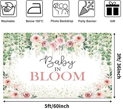 Avezano Baby in Bloom Backdrop Sage Green Leaves with Pink Flowers Baby Shower Party Decorations Baby Girl's Greenery Floral Nature Theme Photography Background Cake Table Banner (5x3ft(60x36in))
