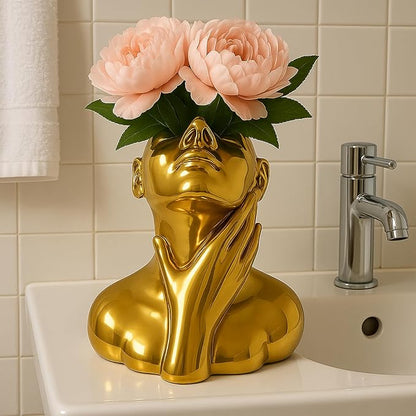 Face Vase Unique Ceramic Vase for Room,Office,Home Decor,Gold,B